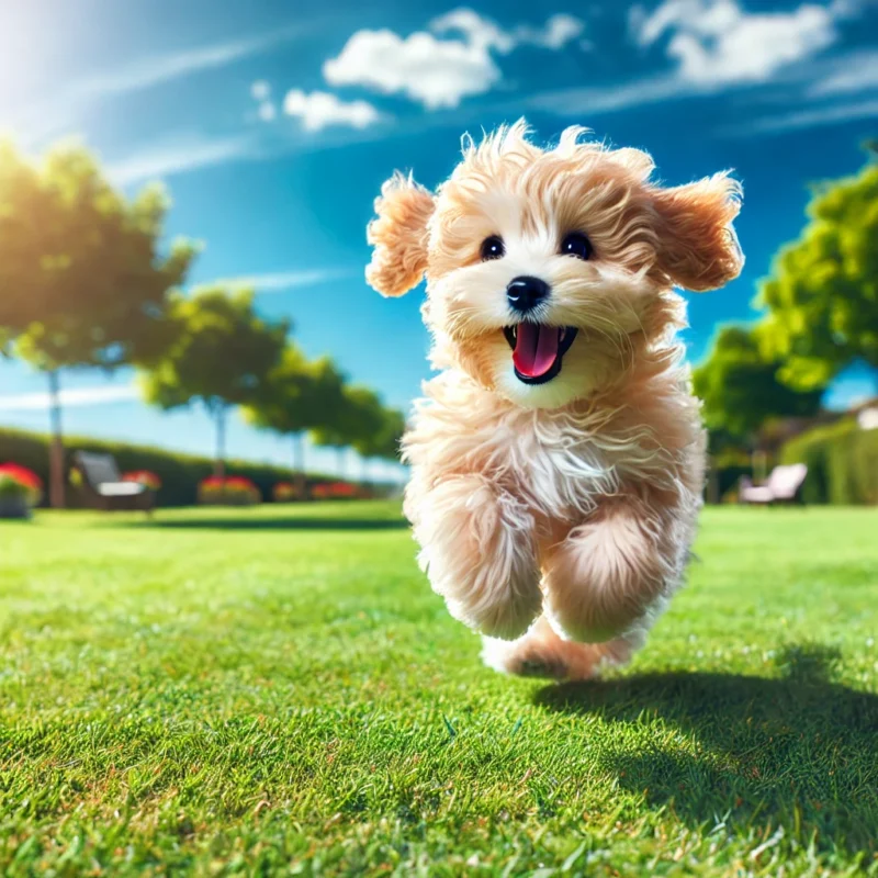 DALL·E 2024-11-15 11.46.38 - A playful Maltipoo dog running on the grass in a sunny park. The dog has a fluffy, curly coat and an excited expression, with a bright blue sky and lu
